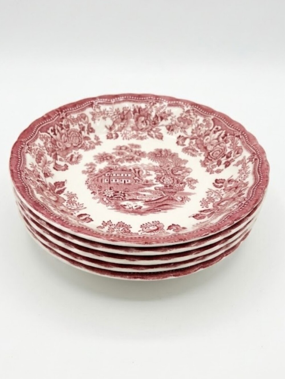 Vintage Myott Tonquin Pink Red Transferware Salad Bowls Set of 5, 1982